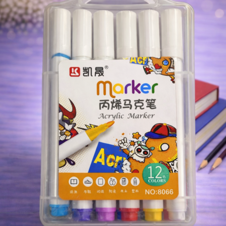 Acrylic Marker Set – 12 Colors Permanent Paint Markers with Storage Case (Model No. 8066)