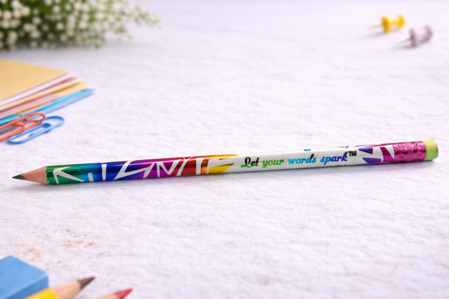 Designer Wooden Pencil – “Let Your Words Spark” | Smooth Writing Graphite Pencil