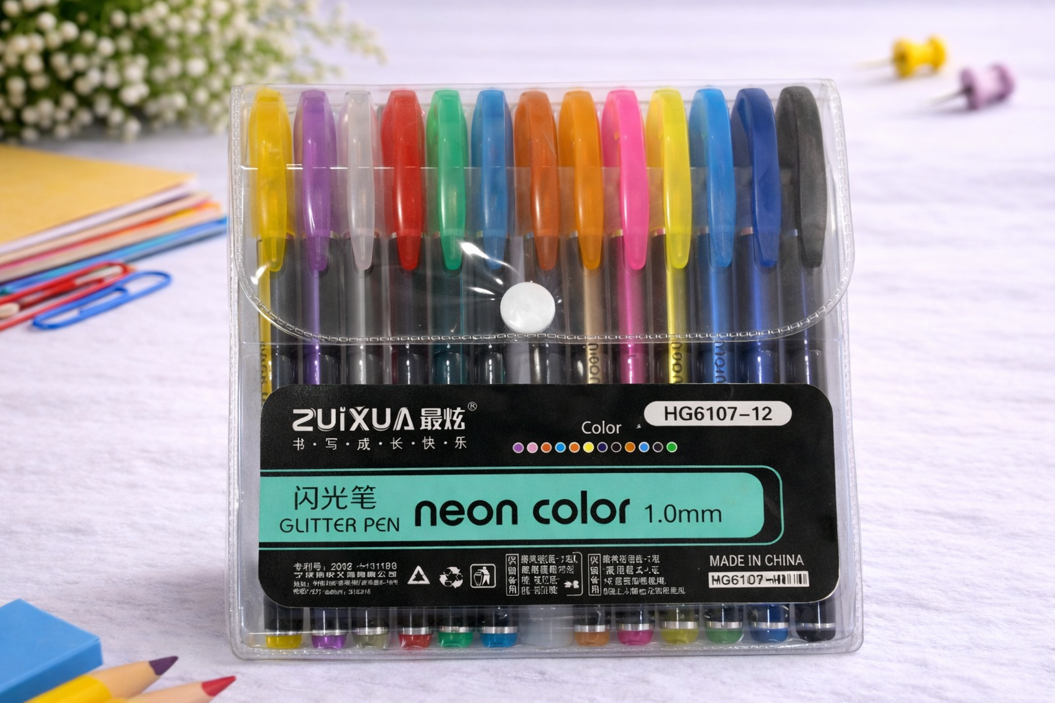 Neon Glitter Gel Pens Set (12 Colors) | 1.0mm Smooth Writing Art Pens