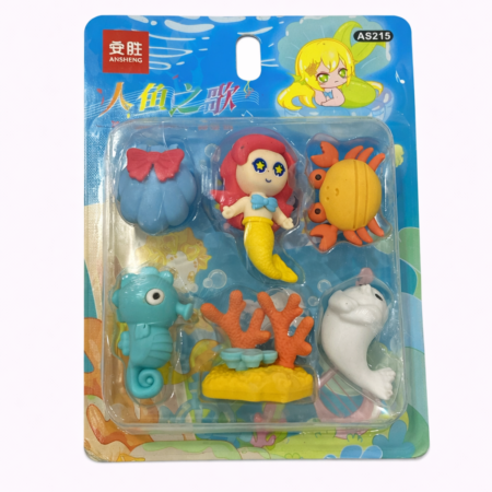 Kids Cartoon Mermaid & Sea Animals Eraser Set – 6 Pcs Non-Toxic Stationery Erasers