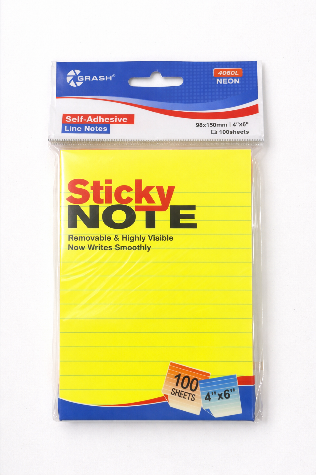 Grash 4060L Neon Sticky Notes – Self Adhesive Lined Notes
