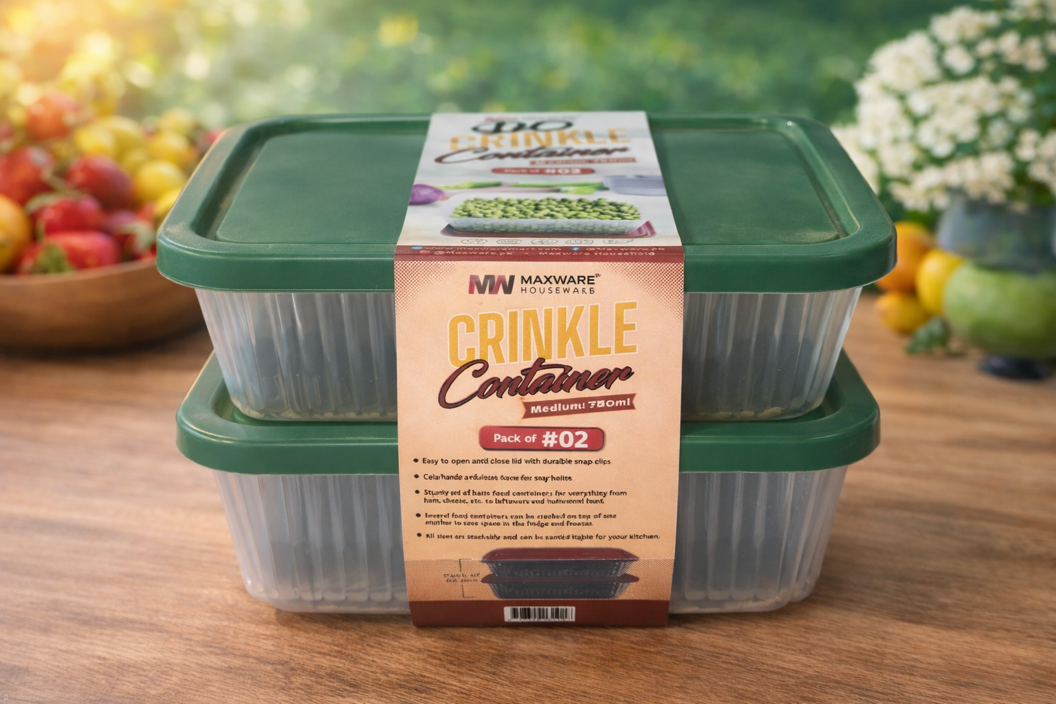 Maxware Crinkle Food Storage Container Set – Medium 750ml Kitchen Containers (Pack of 2)