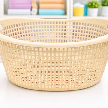 Beige Plastic Laundry Basket with Handles