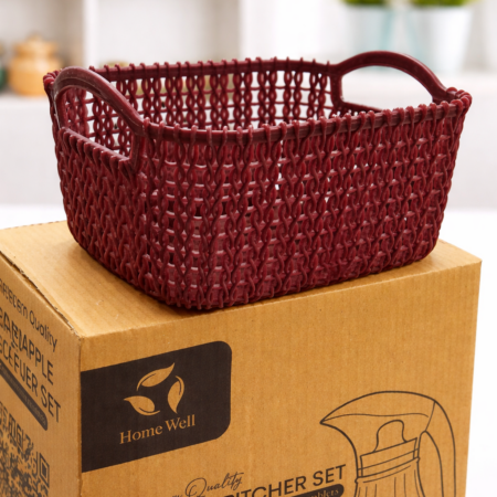 Red Woven Plastic Storage Basket with Handles – Multipurpose Organizer