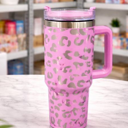 Insulated Tumbler with Handle – Leakproof Travel Cup (Stylish Pink Design)