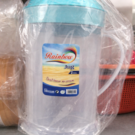 Rainbow Plastic Water Jug 2L – Transparent Pitcher with Lid & Handle